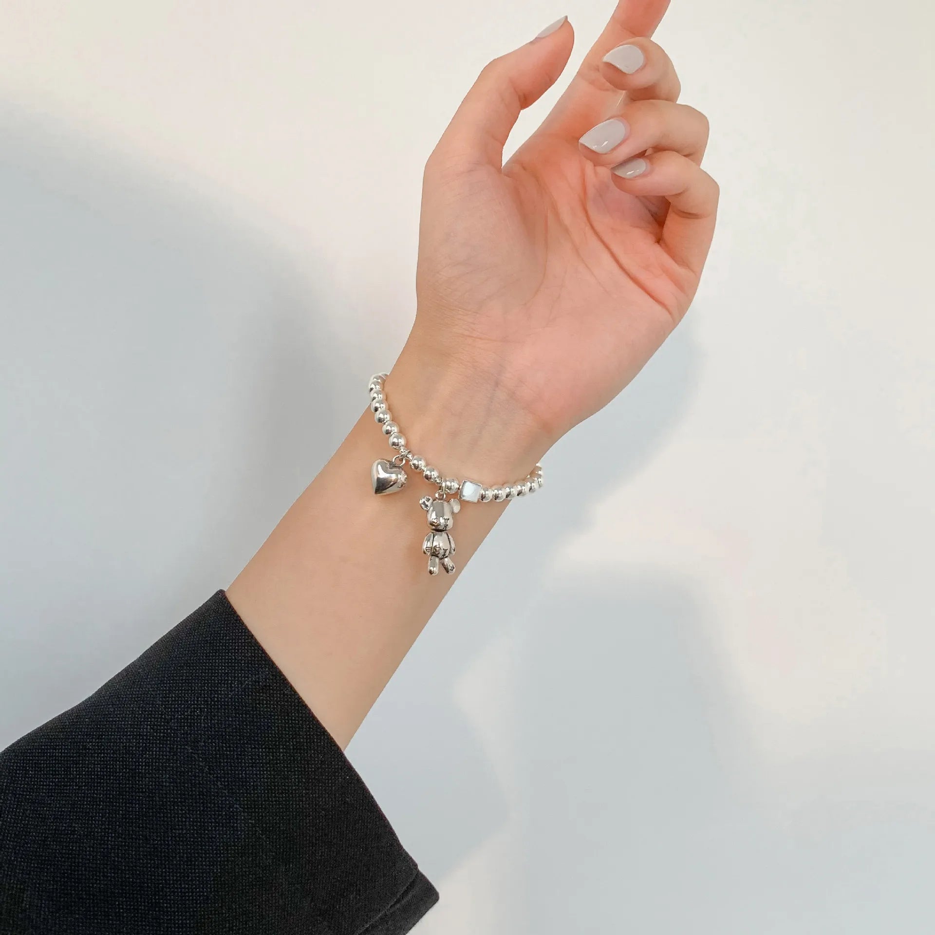 925 Sterling Silver Bracelets for Women String of Beads Accessories Trend Vintage Simple Cute Bear Pendant Party Jewelry