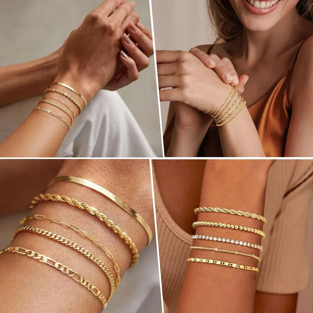Nicht anlaufendes Edelstahlarmband vergoldet stapelbar für Damen, dünnes Fischgrätenkettenarmband wasserdichter Schmuck Geschenk