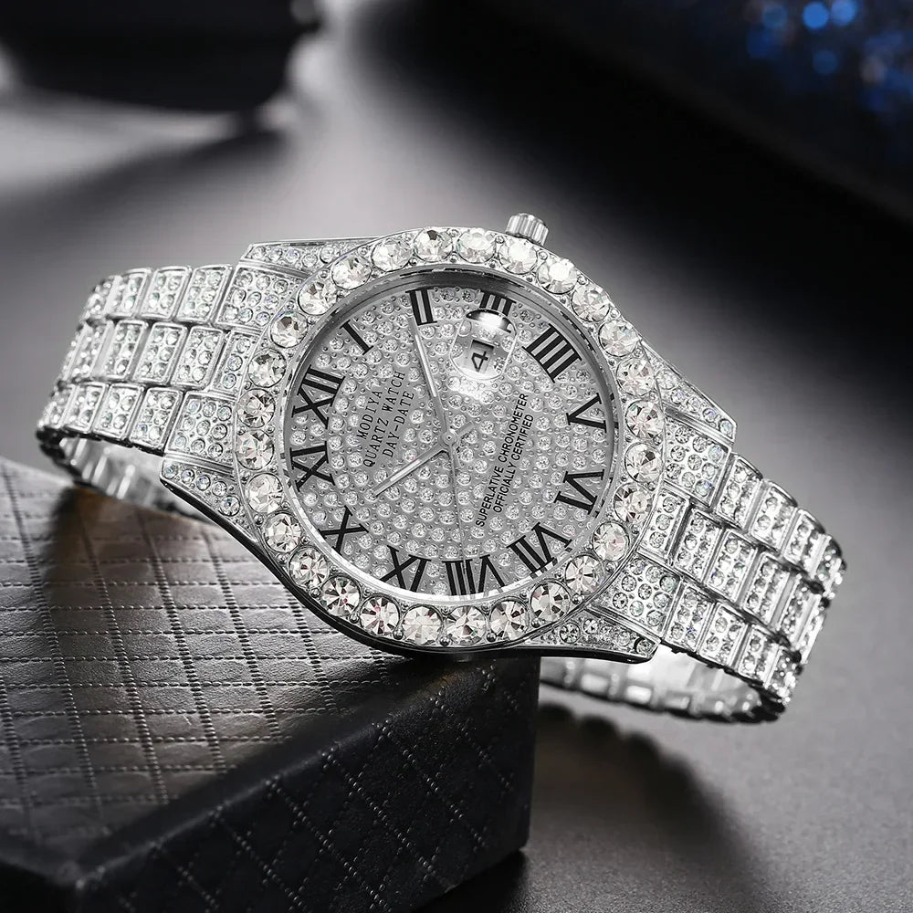 Reloj de diamante brillante Hot Sale para hombre, color oro, de lujo, de cuarzo, reloj masculino, dropshipping, calendario de diamantes de imitación, reloj de pulsera