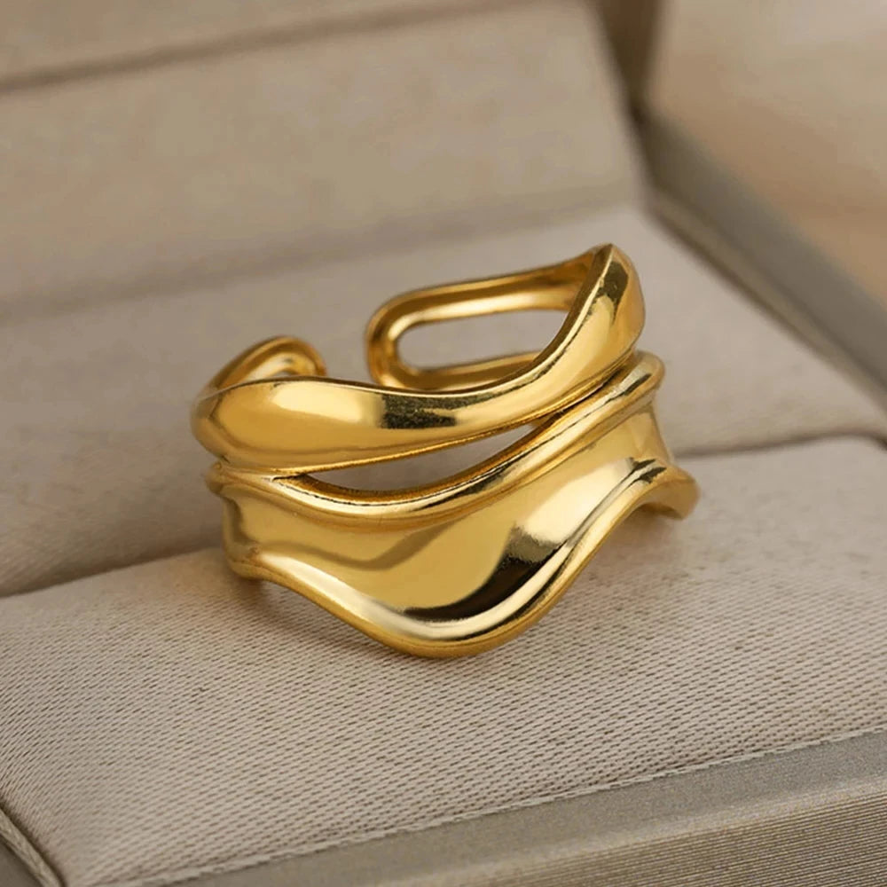 Goldfarbener Edelstahl Mehrschicht-Ringe für Damen, hohler offener Fingerring, Mode Hochzeitsfeier Schmuck Geschenk 2024 Neu