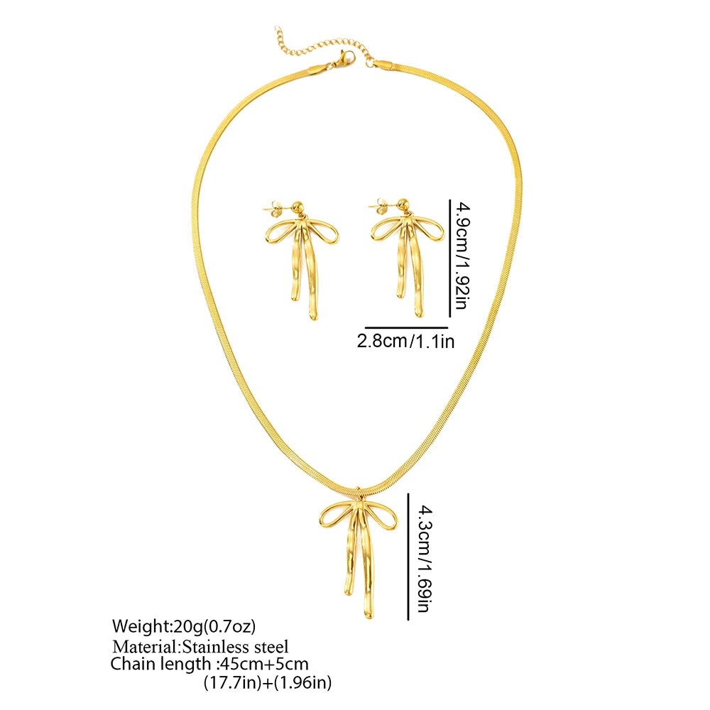 Aomogo Edelstahl-Set Luxus-Mode Schleife Anhänger Schlangenkette Ohrringe Halskette Set für Frauen Schmuck Alltagskombination