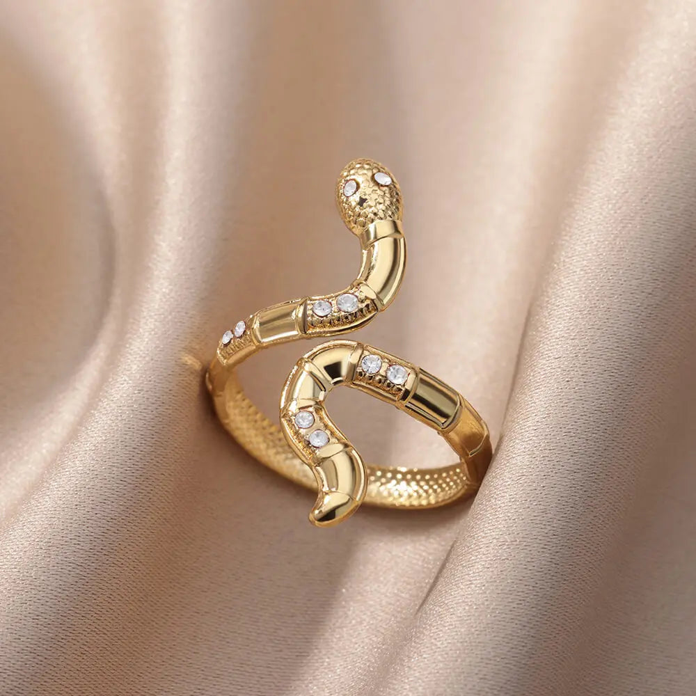 Edelstahl Schlangenringe für Damen Herren Goldfarben Offen Verstellbar Zirkon Ring Vintage Gothic Ästhetischer Schmuck anillos mujer