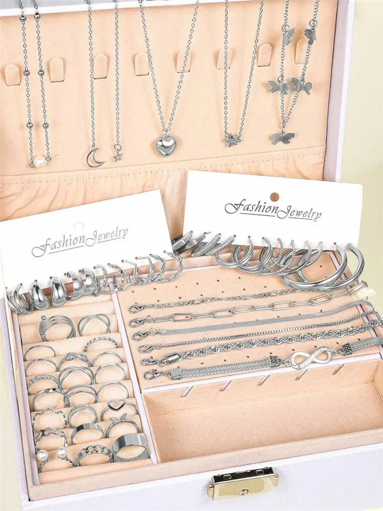 Neue 57-teilige Schmucksets für Damen, Metall, breite Ohrringe, Halsketten, Armbänder, Fußkettchen, Ringe, Kombinationsset