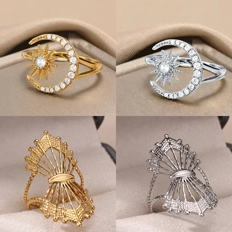 Zirkon Stern Mond Ringe für Frauen Goldfarben Edelstahl Geometrischer Stern Mond Ring Verlobung Hochzeit Weihnachtsgeschenk Schmuck