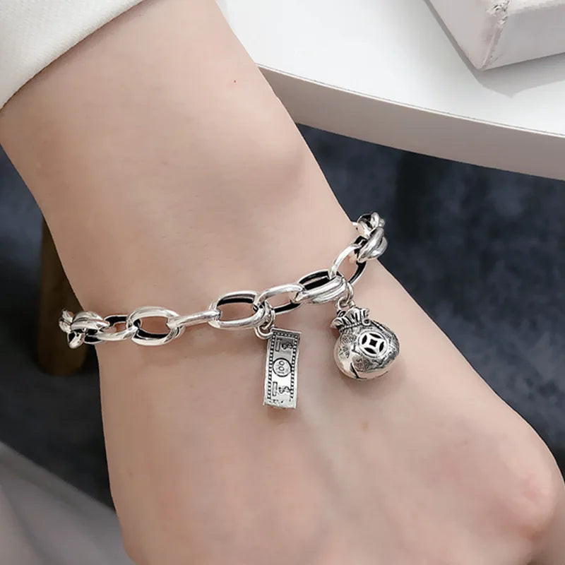 Sterling Silver plated Thai Silver Bracelet for Women Vintage Geometric Heart Love Lucky Punk Jewelry 2023 New Dropship