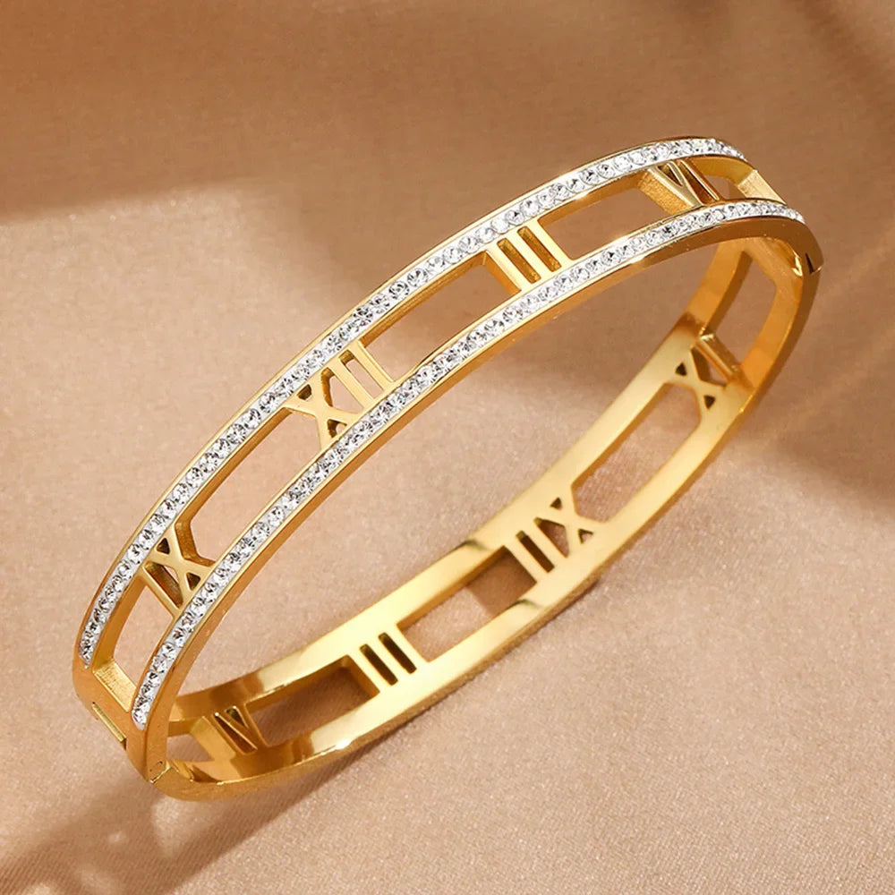Luxus Kristall Hohl Römische Ziffer Armbänder für Frauen Männer Edelstahl Unisex Armreif Mode Klassischer Schmuck Accessoires
