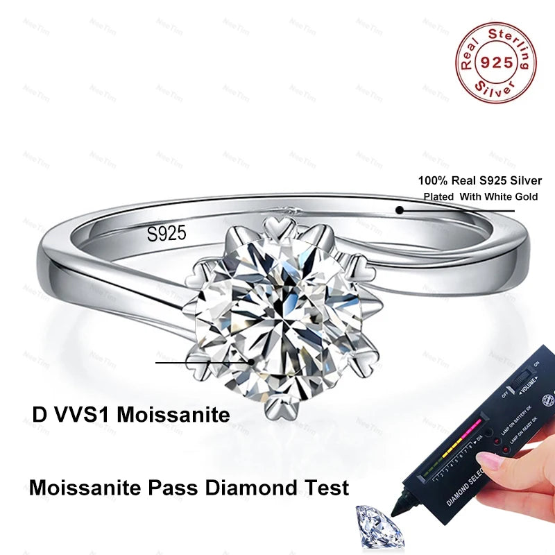 NeeTim Anillo de Moissanita de 0.5-2ct Anillo de Diamante de Laboratorio para Mujer Plata S925 Copo de Nieve Anillo de Compromiso Boda Joyería Certificada