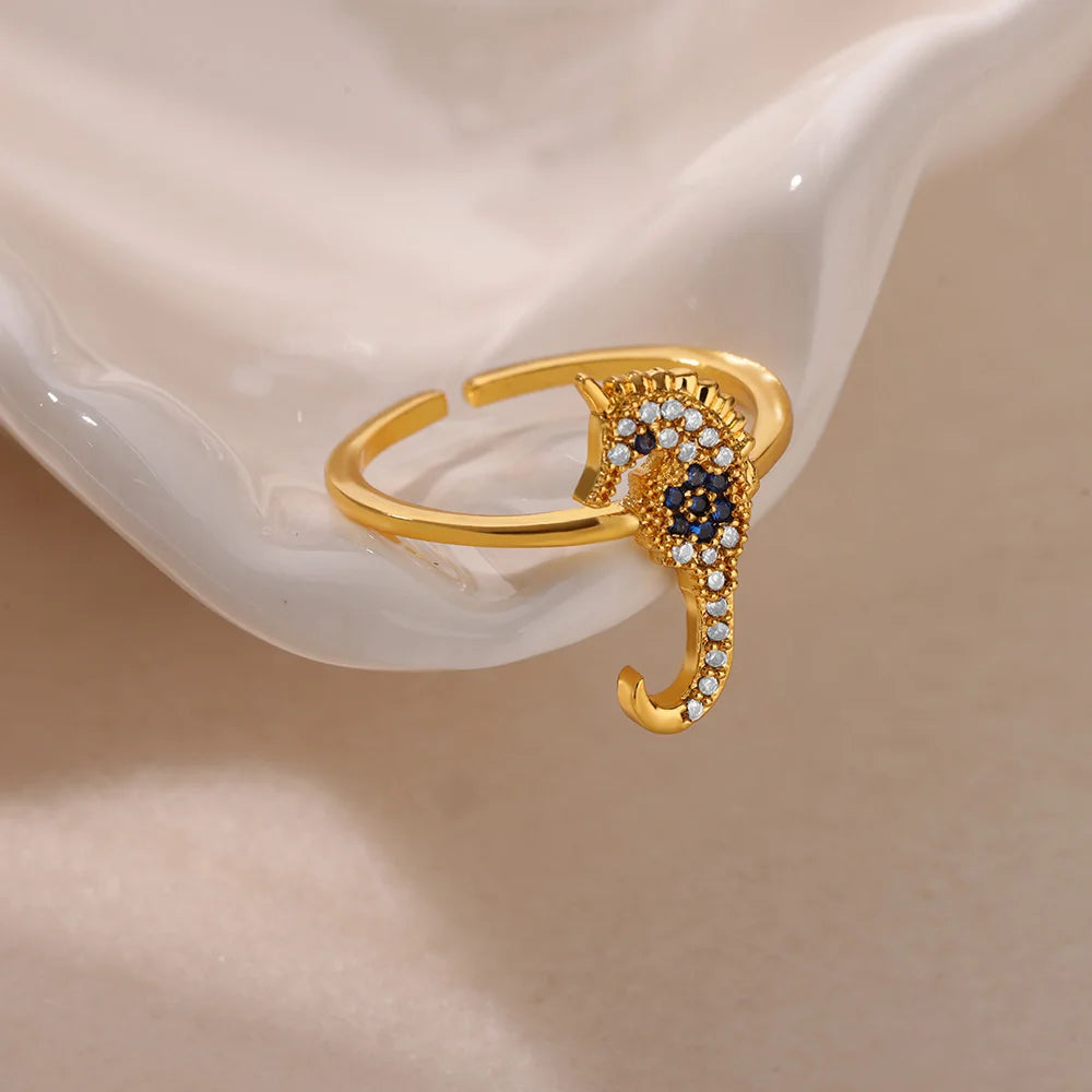 Grüne Zirkon Seepferdchen Ringe für Frauen Ozean Muschel Seestern Schildkröte Edelstahl Goldfarben Fingerring Sommer Strand Schmuck