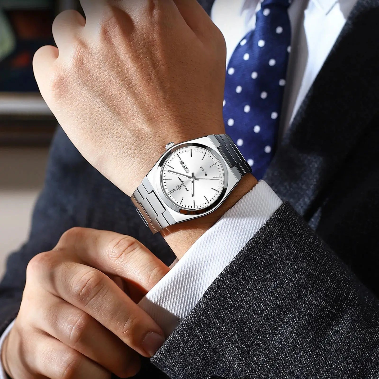 POEDAGAR Lujoso Reloj de Pulsera de Negocios para Hombre, Impermeable, Luminoso, de Acero Inoxidable, con Fecha, Semana, Moda, Relojes de Cuarzo para Hombre+Caja