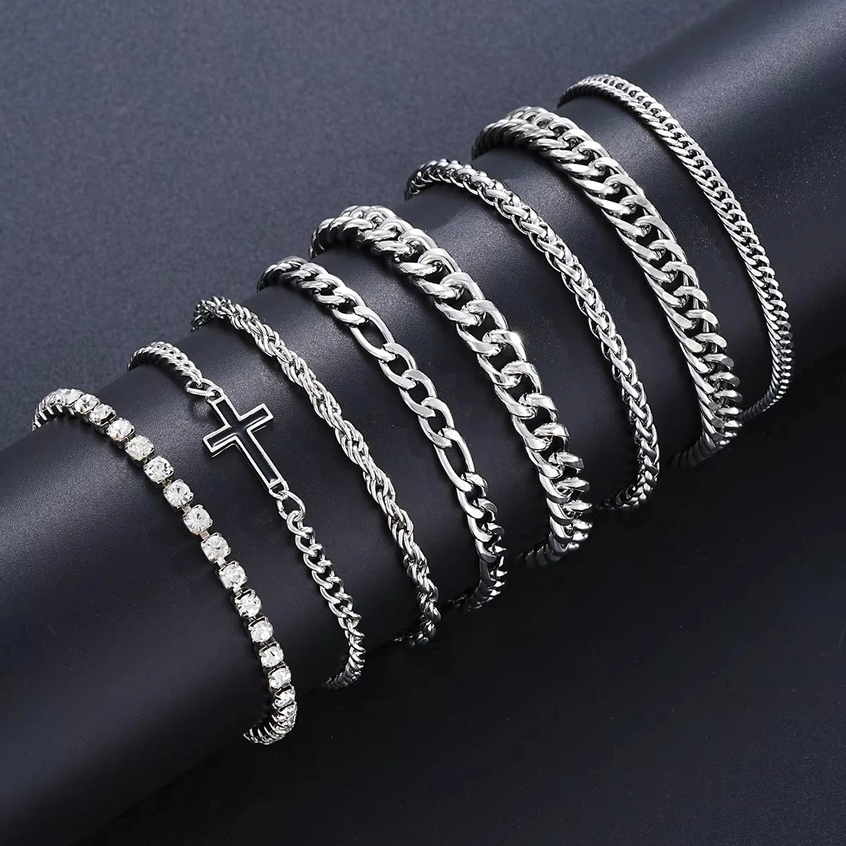 8 Stück Edelstahl Kreuz Cuban Armbänder für Männer Frauen Punk Silber Farbe Kristall Twist Kette Armband Täglicher Gebrauch Mode
