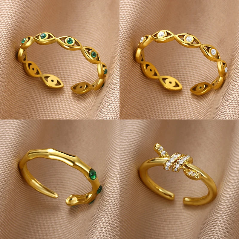 Grüner Zirkon Böser Blick Ringe für Frauen Edelstahl Goldfarben Geometrisch Offener Ring Neu Hochzeit Wasserdichter Modeschmuck Geschenk