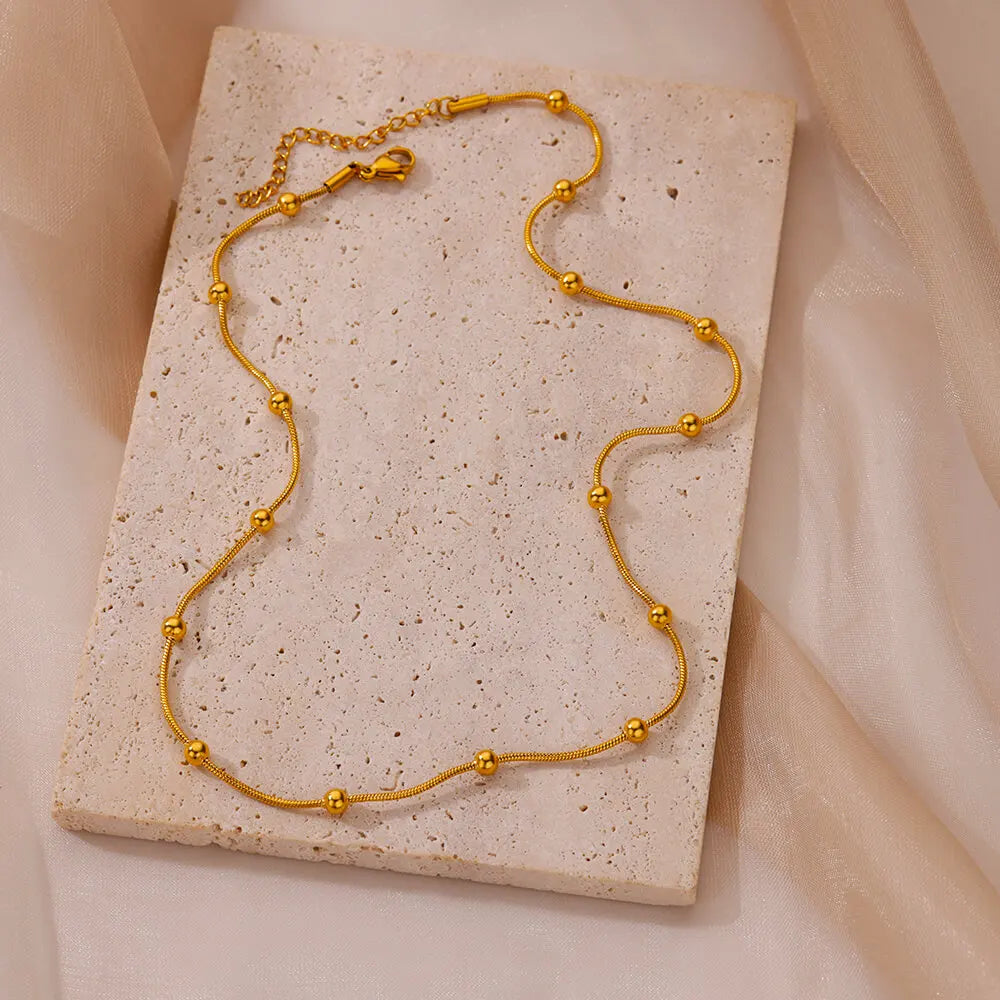 Collares de cadena de serpiente redonda de acero inoxidable con cuentas para mujer, color dorado, collar geométrico, joyería de lujo para boda, fiesta, regalo para mejor amiga