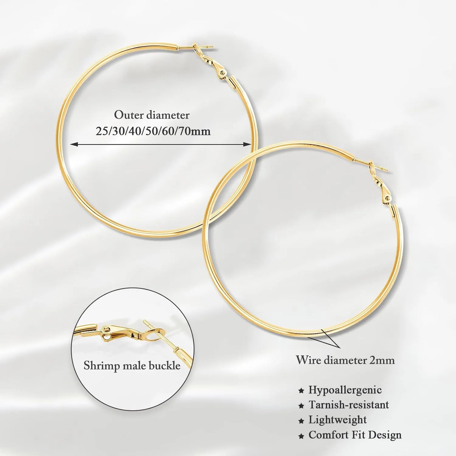 Klassische Edelstahl Creolen Ohrringe für Damen, 25mm/30mm/40mm/50mm/60mm/70mm