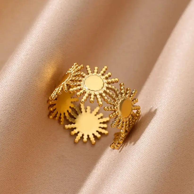 Anillos de Sol Vintage para Mujer Color Dorado Acero Inoxidable Anillo de Sol Boda Pareja Estético Moda Boda Navidad Joyería Regalo