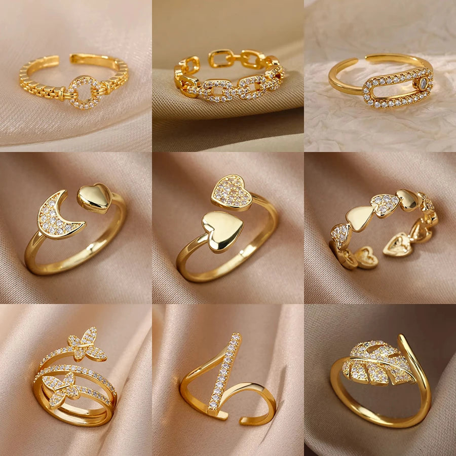 Zirkon Herzringe für Damen, Edelstahl, Goldfarben, geometrischer offener Fingerring, modischer Hochzeitsschmuck, ästhetisches Geschenk