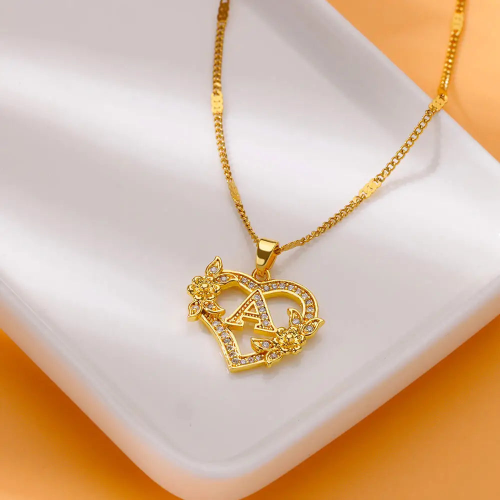 Zircon Flower Initials Necklaces For Women Stainless Steel Heart Gold Color Letter Chain Collar 2025 New Trend Wedding Jewelry
