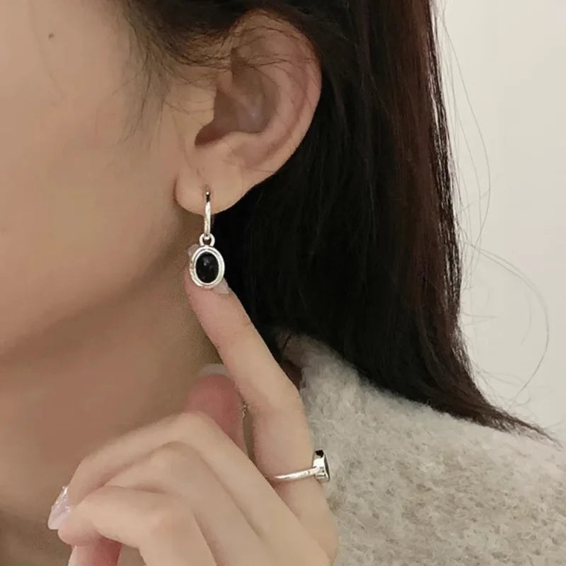 Pendientes redondos de oro vintage de plata de ley 925 para mujer, pendientes de bola negra, joyería que previene la alergia, accesorios de fiesta, regalo