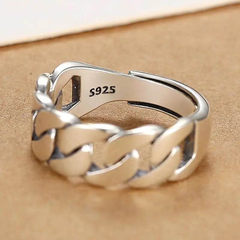 Anillo Nudo Cadena Plata de Ley 925 para Mujer, Anillo Ancho de Diseño Geométrico Rock Punk, Regalo de Joyería, Venta al por Mayor y Dropshipping