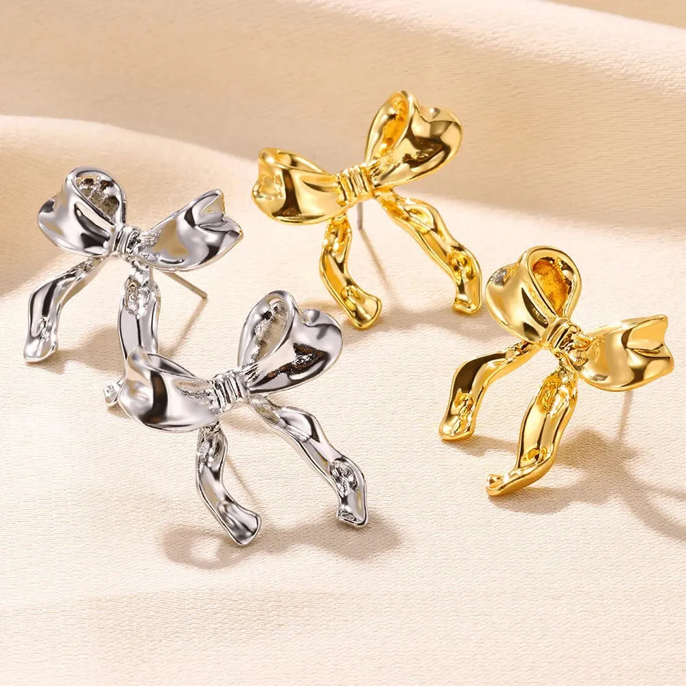 Pendientes de Lazo Vintage de Acero Inoxidable para Mujer, Joyería Elegante, Pendientes de Tuerca de Acero Inoxidable Chapados en Oro, Joyería de Navidad