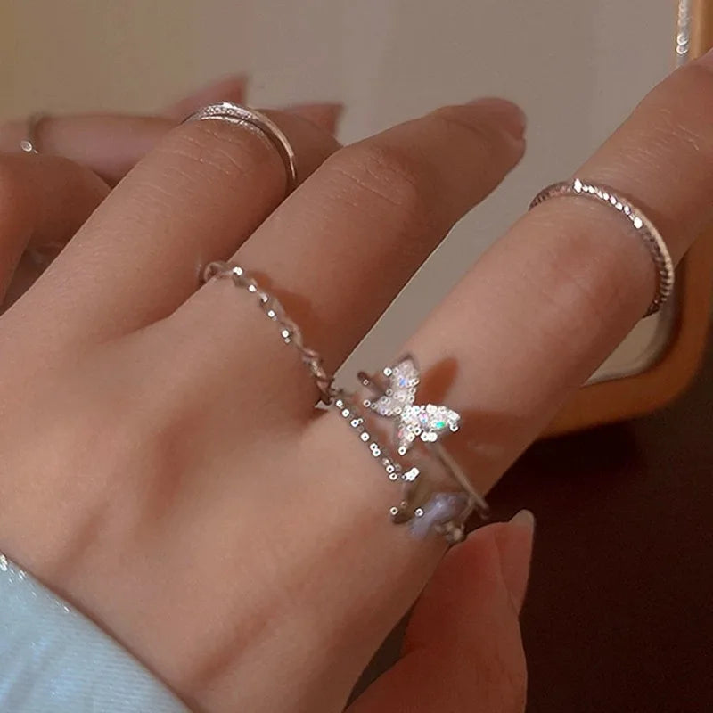 Bohemian Schmetterling Perlenringe Set für Damen Glänzende Perle Gothic Vintage Plattiert Retro Strass Einfacher Fingerschmuck Geschenk