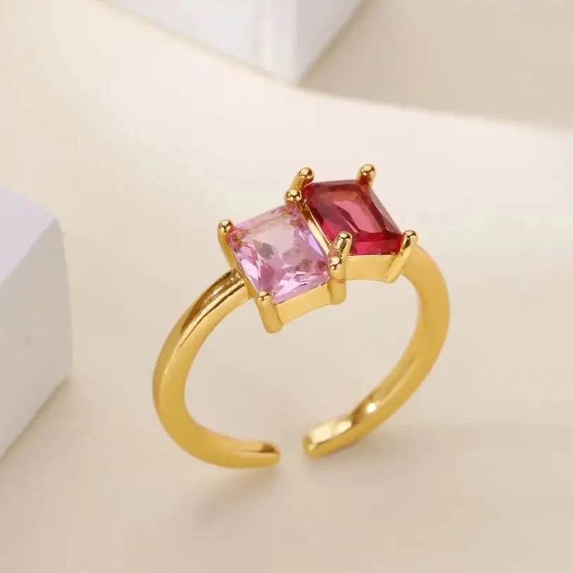 Edelstahl-Zirkonia-Quadratring für Damen, 18K vergoldet, 2 Farben, verstellbarer Ring, hypoallergener, zarter, trendiger Schmuck