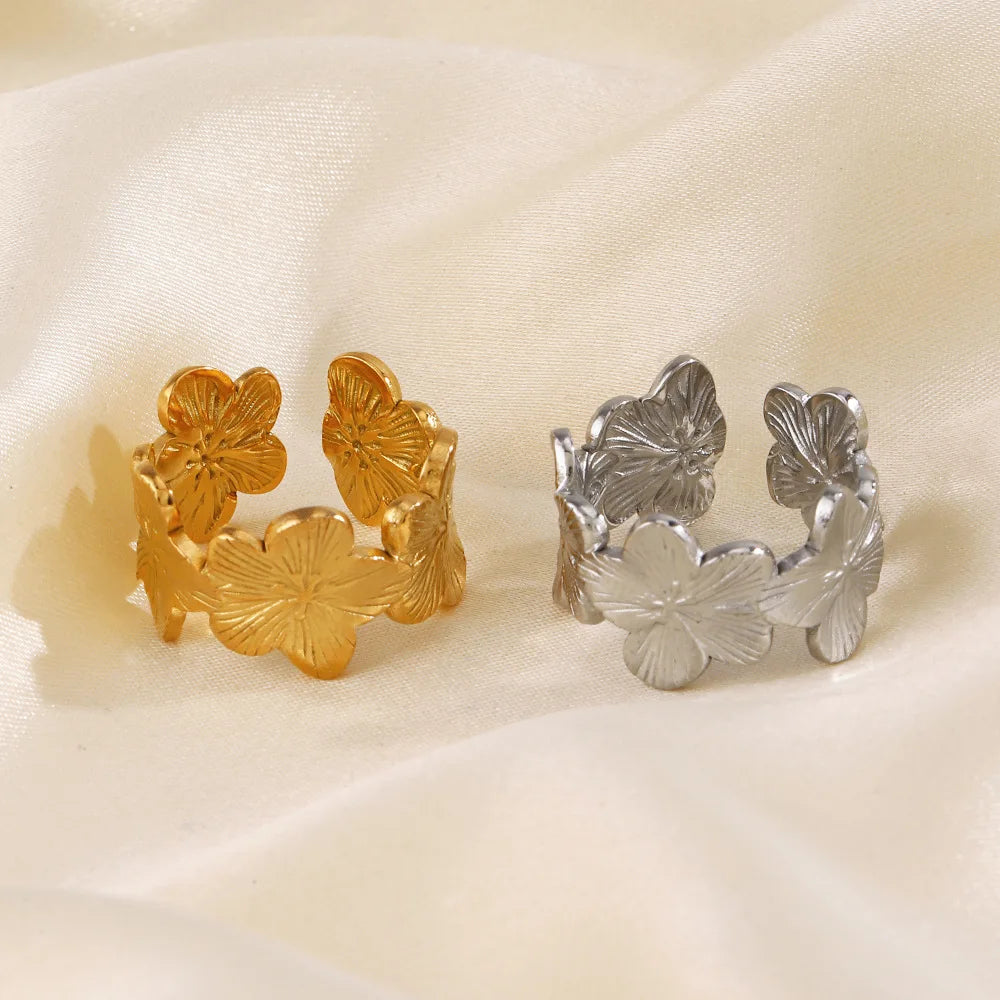 Stainless Steel Flower Adjustable Opening Rings 18k Gold PVD Plated Waterproof Finger Jewelry For Women Wedding Exquisite Gifts