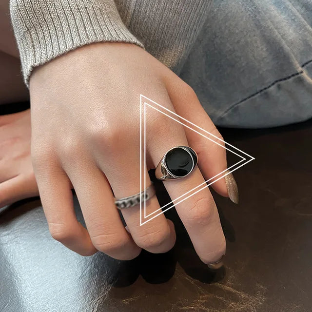 Anillo de plata de ley 925 chapado para mujer, regalo para niña, piedra negra, cristal esmaltado, retro, punk, abierto, joyería al por mayor
