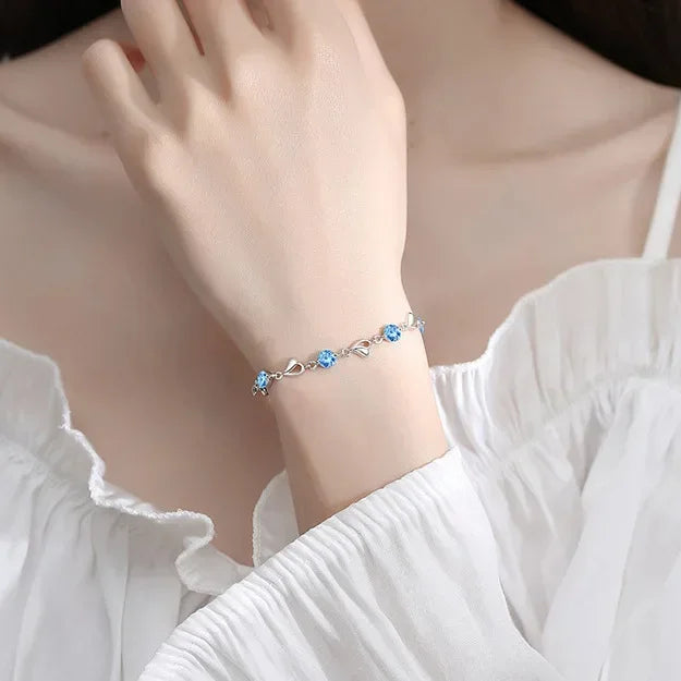 925 Sterling Silber Herzförmiges Armband für Damen Retro Koreanisch Vielseitig Blau Kristall Charm Armbänder Original Partyschmuck