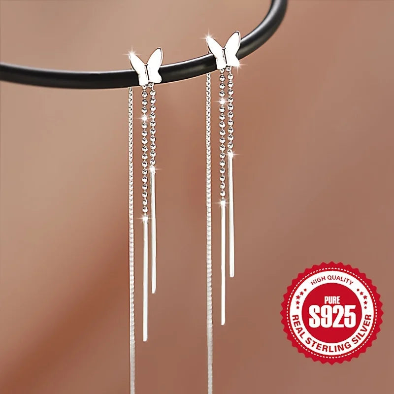 Paar S925 Silber Schmetterling Quasten Ohrringe für Damen, hypoallergen, süßes Mädchen, vielseitiges Alltags-Accessoire, perfektes Geschenk für Frauen