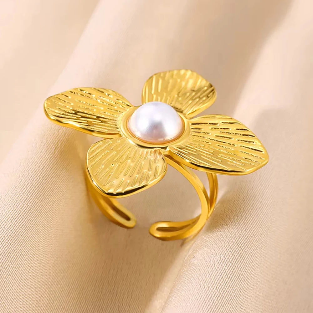 Edelstahl Blume Große Offene Ringe Für Frauen Gold Farbe Nachahmung Perle Hohlring Trendiger Ästhetischer Schmuck Geschenke