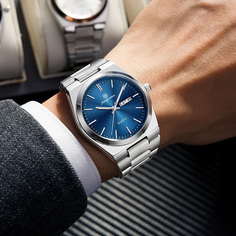 PAAZOMU Reloj de pulsera deportivo de lujo de cuarzo para hombre, impermeable, luminoso, con fecha, semana, para hombre, de acero inoxidable, reloj para hombre, Reloj+caja
