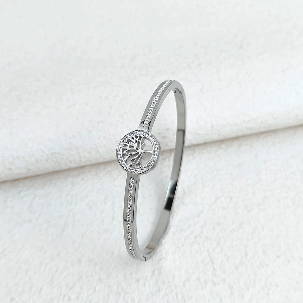 Luxus-Edelstahl-Lebensbaum-Armreif für Frauen und Männer, Kristall-Zirkon-Armband, Silber-Gold-Farbe, Handgelenkschmuck-Accessoires