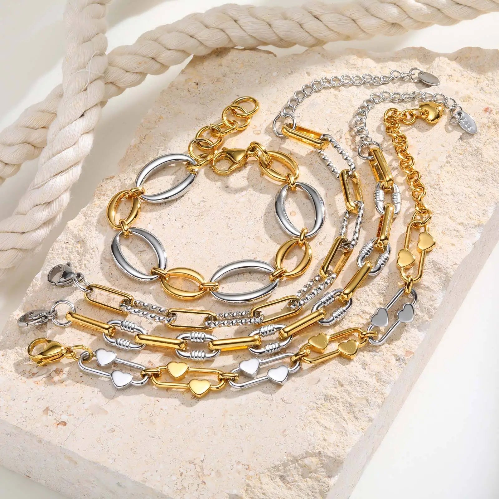 Zweifarbige Kettenarmband für Damen, klobiges Glied aus Metallmix, wasserdichter Schmuck aus Edelstahl, stylisches verstellbares Armband