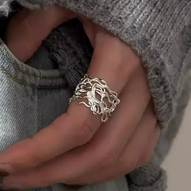 Anillo Nudo Cadena Plata de Ley 925 para Mujer, Anillo Ancho de Diseño Geométrico Rock Punk, Regalo de Joyería, Venta al por Mayor y Dropshipping