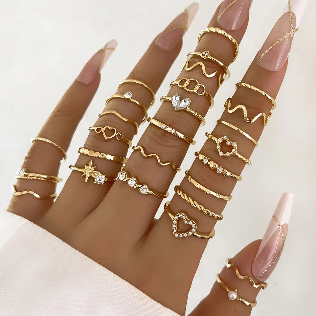 28tlg. Modisches geometrisches Knöchelringe-Set für Damen Kristall Herz Gold Silberfarbene Ringe Mädchen Party Schmuck Zubehör