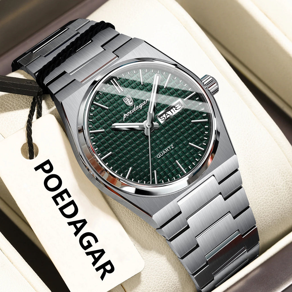 POEDAGAR Reloj de lujo original para hombre, resistente al agua, acero inoxidable, luminoso, de pulsera, con fecha y semana, de cuarzo, relojes de moda para hombre
