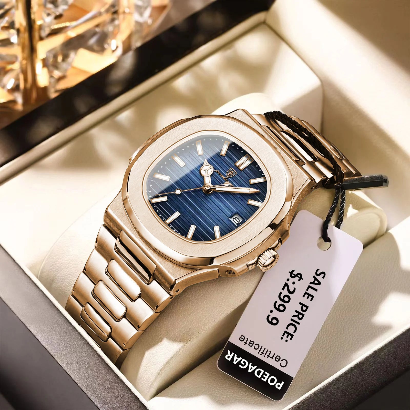 POEDAGAR Reloj de Cuarzo Cuadrado de Moda para Hombre, Impermeable, Luminoso, con Fecha, de Acero Inoxidable, Reloj de Hombre de Negocios de Lujo
