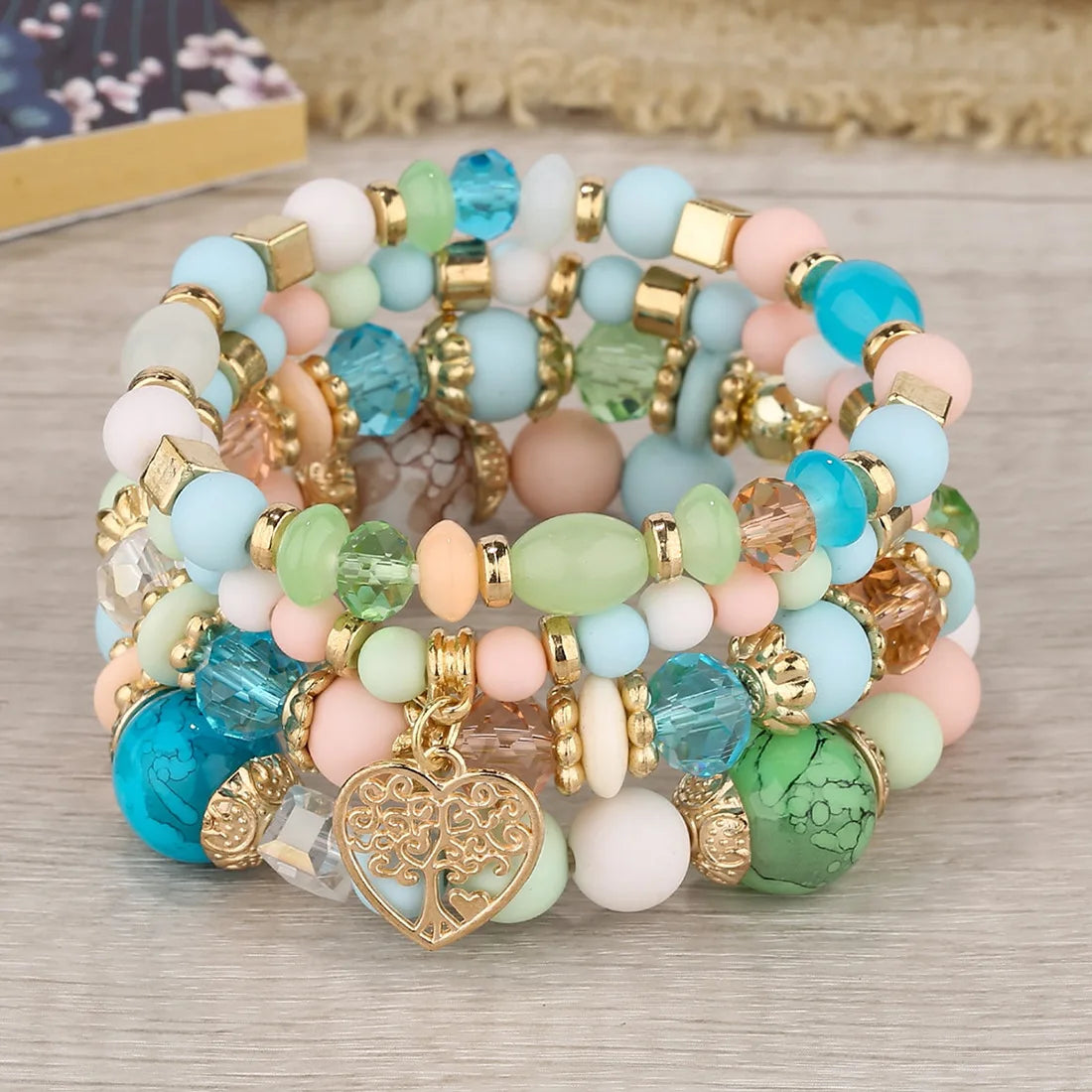 4 Stück Lebensbaum Herz Armband Set Für Frauen Acryl Glasperlen Kette Elastisches Armband Weibliche Mode Party Schmuck