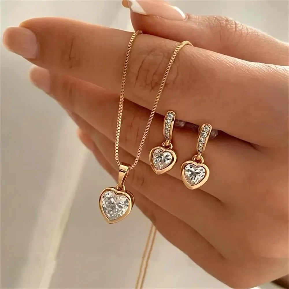 3-teiliges Herzanhänger-Schmuckset aus Ohrringen, Anhänger und Halskette für Damen, exquisites Mode-Strass-Doppelherz-Schmuckset, Geschenk