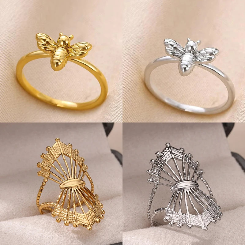 Anillos de Abeja de Moda para Mujer Diseño de Color Dorado Anillo de Abeja de Acero Inoxidable Boda Compromiso Joyería Regalo de Navidad
