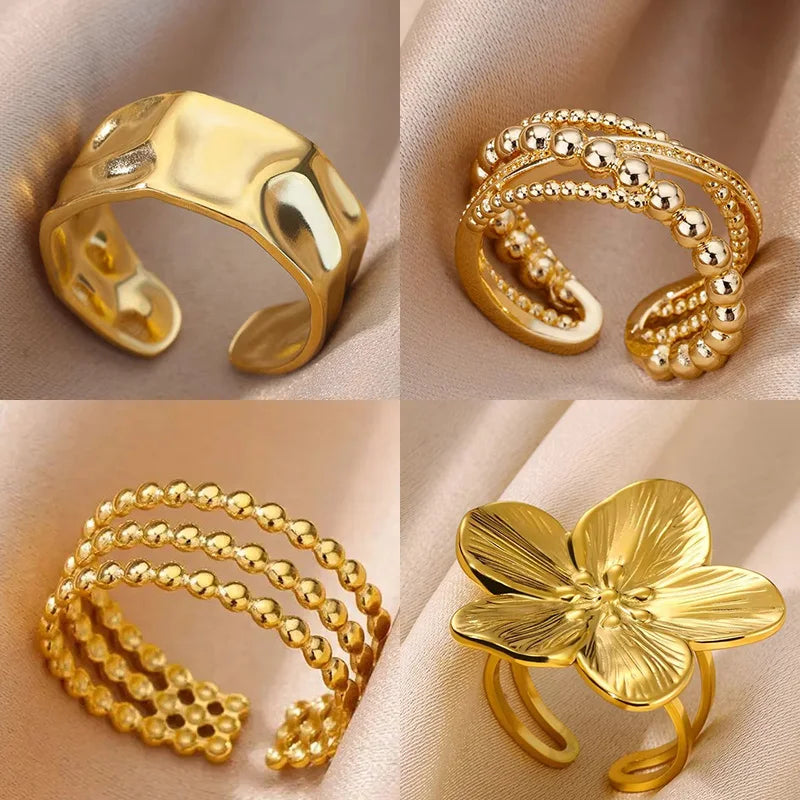 Edelstahl Perlen Design Ringe Für Frauen Gold Farbe Öffnungsring Hochzeit Ästhetische Accessoires Party Schmuck Geschenk BFF anillo