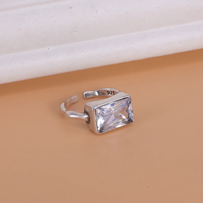 Anillo de plata de ley 925 chapado para mujer, regalo para niña, piedra negra, cristal esmaltado, retro, punk, abierto, joyería al por mayor