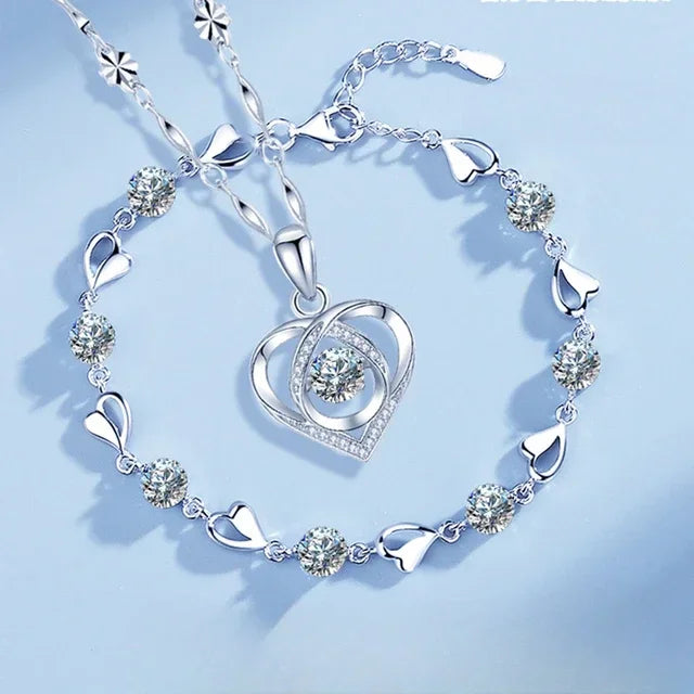 925 Sterling Silber Herzförmige Halskette Armband Set für Frauen Vintage Koreanischer Blauer Kristall Armbänder Schmuckset Party Schmuck