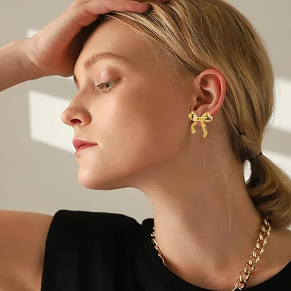 Pendientes de Lazo Vintage de Acero Inoxidable para Mujer, Joyería Elegante, Pendientes de Tuerca de Acero Inoxidable Chapados en Oro, Joyería de Navidad