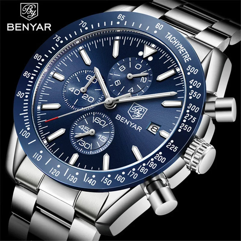 Reloj de hombre BENYAR, de marca superior de lujo, totalmente de acero, con movimiento de cuarzo para negocios, informal, impermeable, deportivo, Relogio Masculino