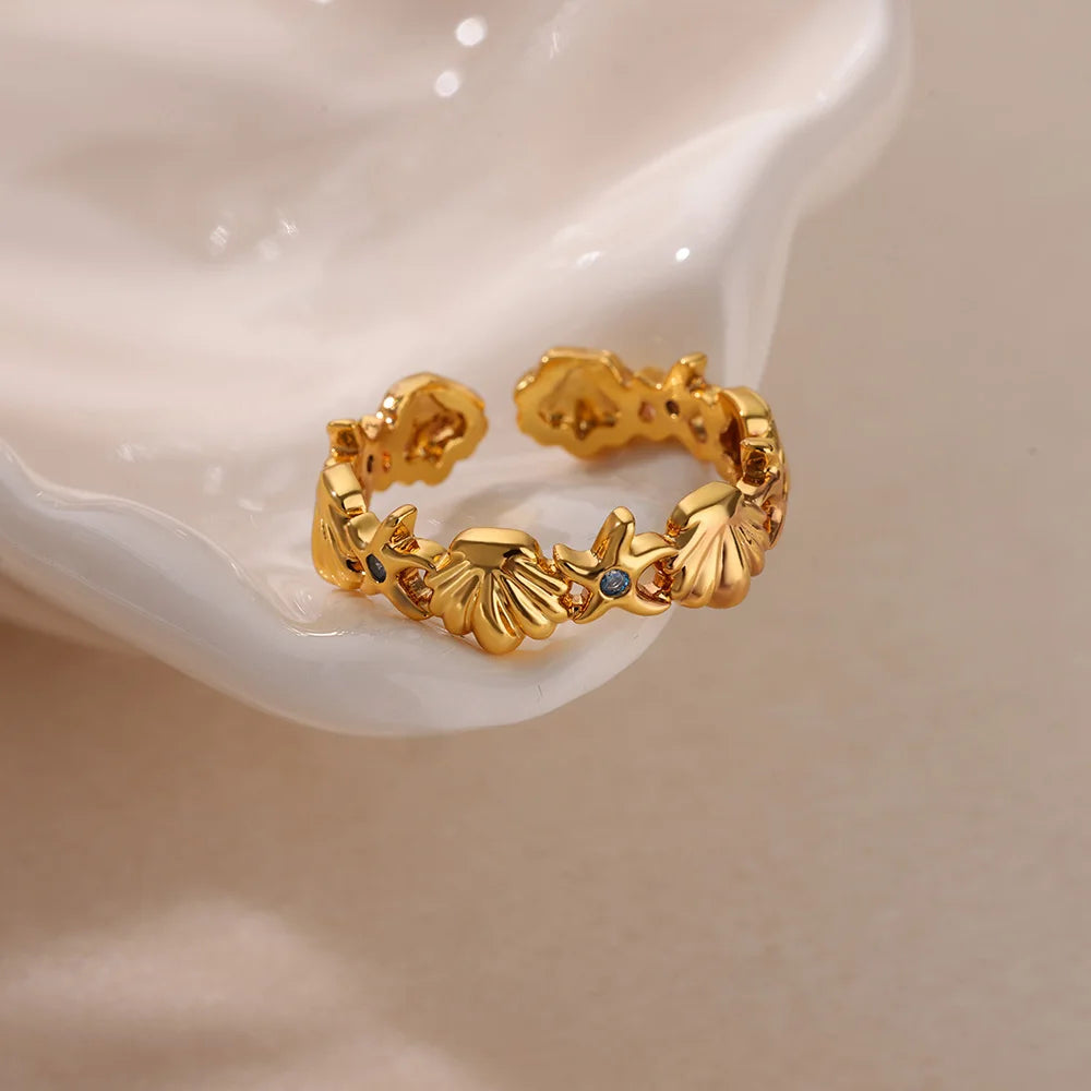 Ozean Seestern Muschel Offene Ringe Für Frauen Goldfarben Edelstahlring Sommer Strand Ästhetik Wasserdichter Schmuck Geschenk