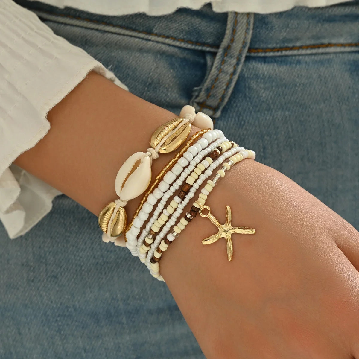 7tlg./Set Böhmisches Urlaubs-Muschel-Perlen-Armband, handgewebt, Seestern-Reiskorn-Armband-Set für Damen, Strandparty, Küstenurlaub