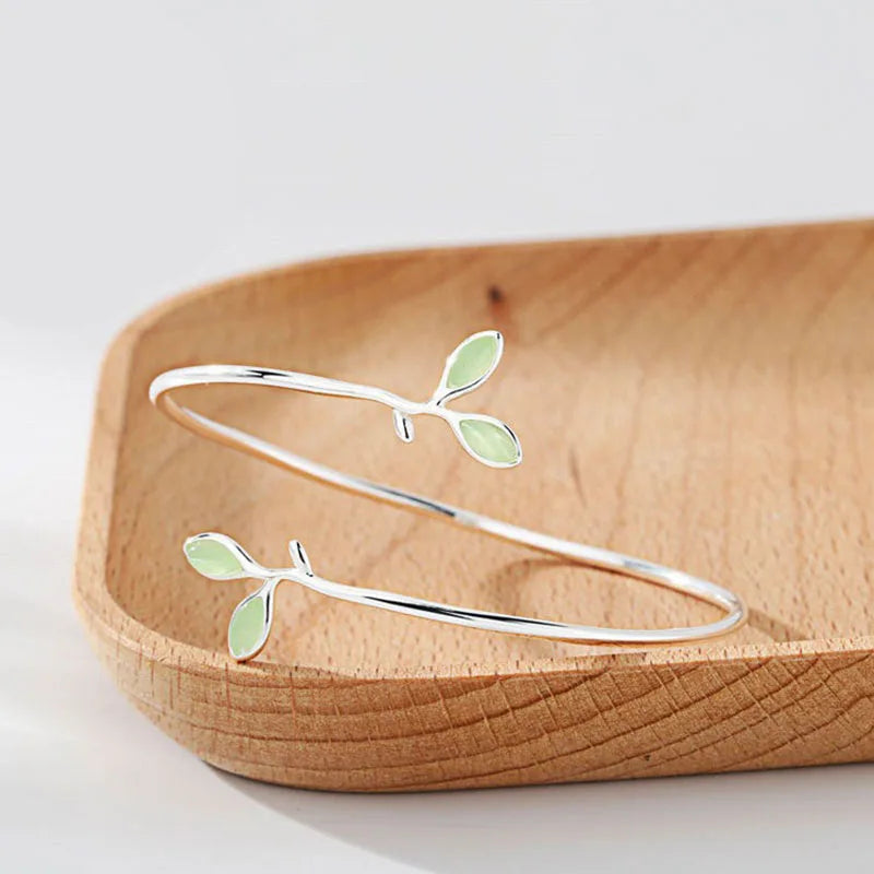 VENTFILLE 925 Sello Pulsera de Color Plateado para Mujer Hoja de Ópalo Verde Ramas Joyería Regalo para Niñas Dropshipping