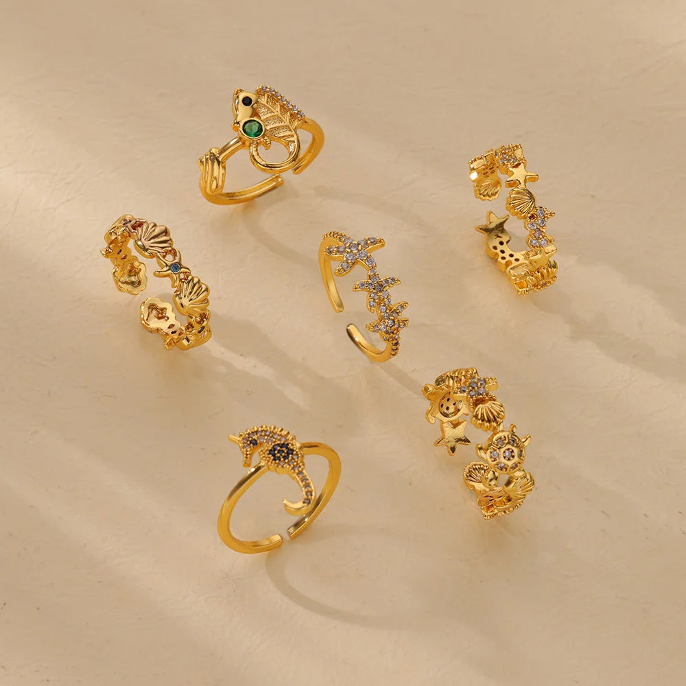 Grüne Zirkon Seepferdchen Ringe für Frauen Ozean Muschel Seestern Schildkröte Edelstahl Goldfarben Fingerring Sommer Strand Schmuck