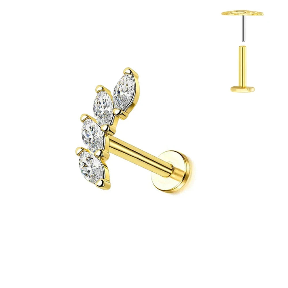 G23 Flores de titanio Labret de empuje 16G 18G 20G Piercing de mariposa para labios sin rosca con forma de gota de agua, arete para tragus, joyería corporal